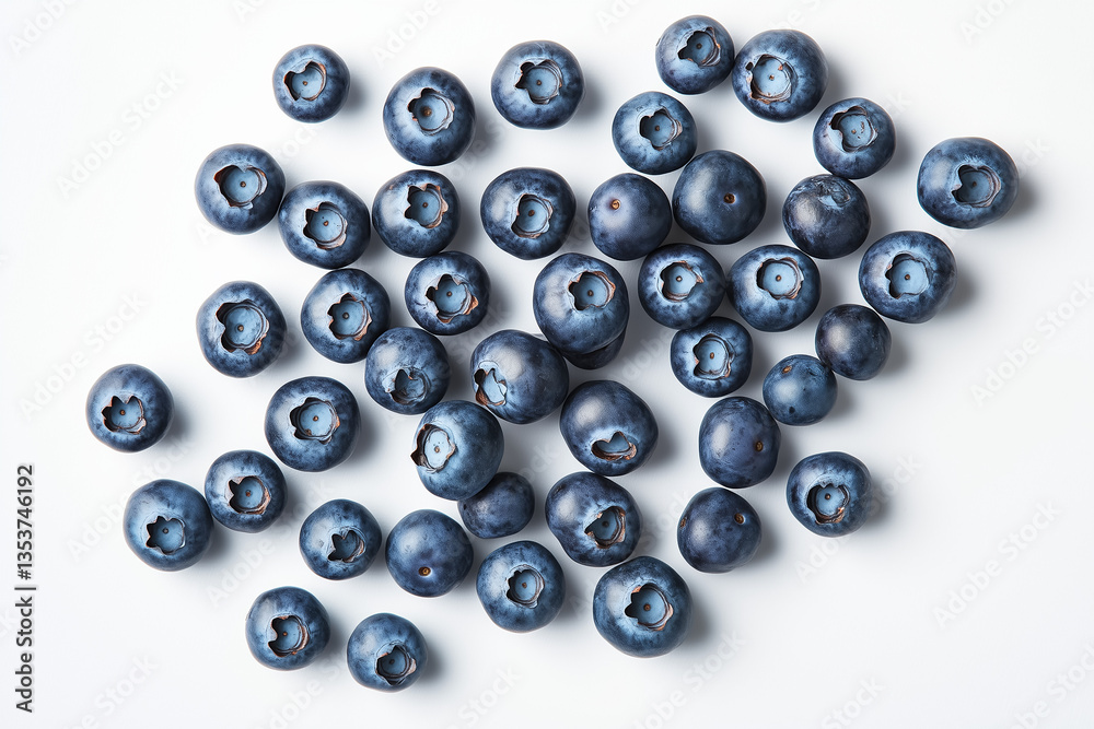 A loose fresh blueberries naturally scattered on a white background