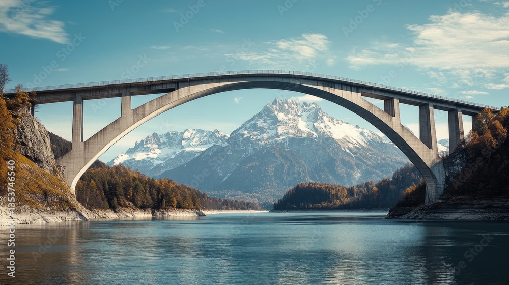 Obraz premium Modern Arch Bridge Over Serene Mountain Lake in Scenic Landscape