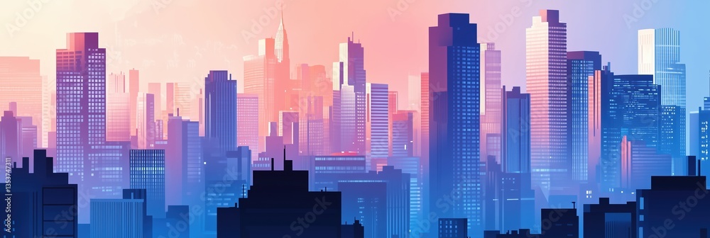 Obraz premium Urban creative forum banner featuring a vibrant city skyline at sunset colors