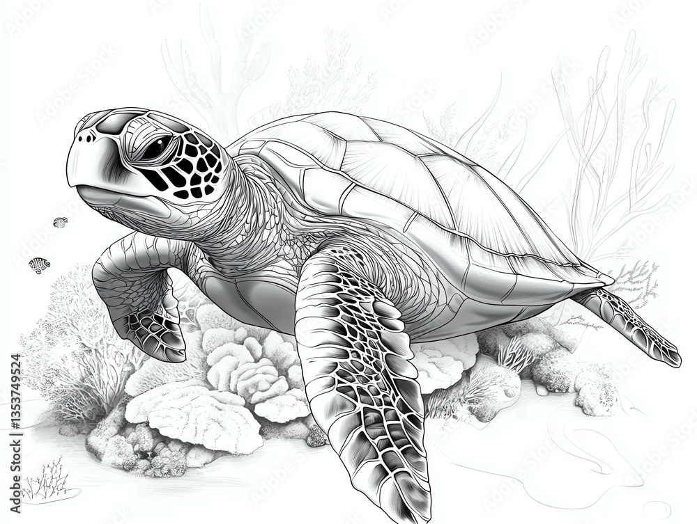 Fototapeta premium An intricately drawn turtle swimming gracefully among coral, showcasing the beauty of marine life in a serene underwater environment.