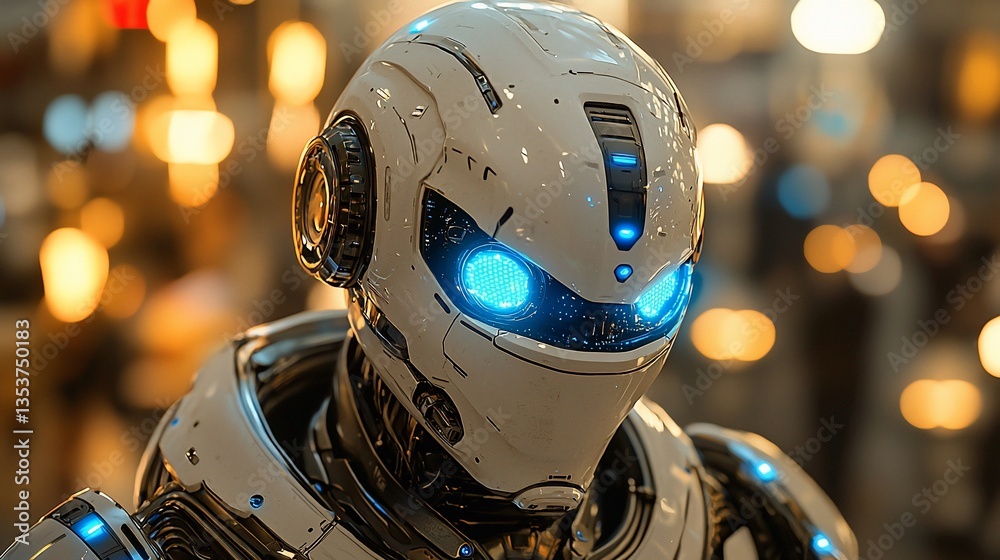 Fototapeta premium Close-up of a futuristic white robot's head with glowing blue eyes in a blurred city background.