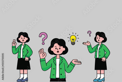 Idea Journey: Woman with Light Bulb, Questioning and Solution Finding Concept. 