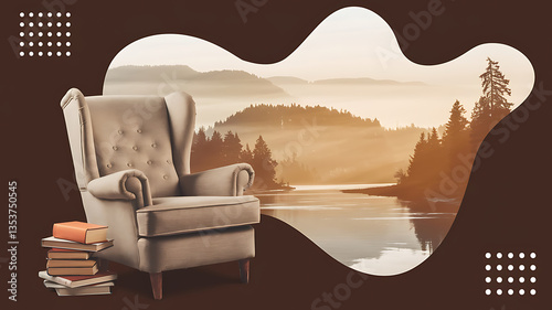 Cozy reading chair overlooking a serene lake landscape