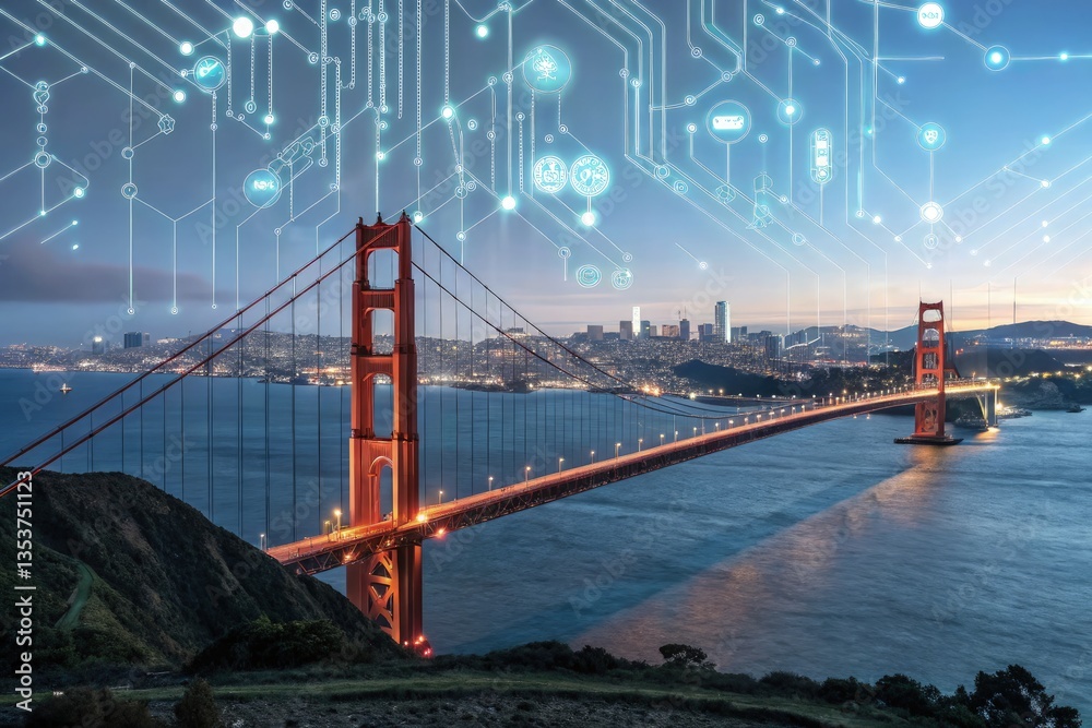 Obraz premium Golden Gate Bridge Illuminated at Twilight With Digital Overlay Generative AI