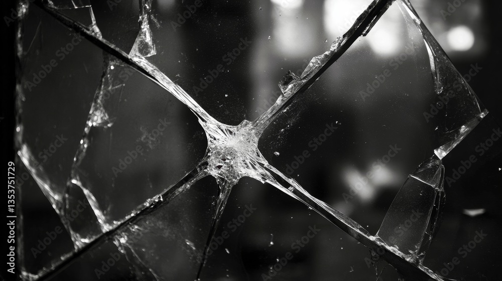 Close-Up of Broken Glass with Cracks and Sharp Fragments Close-Up of Broken Glass with Cracks and Sharp Fragments