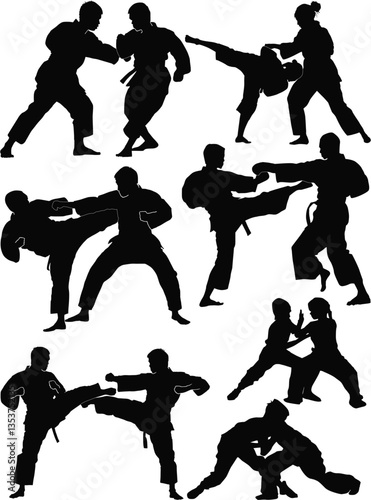 hand-to-hand black fighters isolated fourteen silhouettes