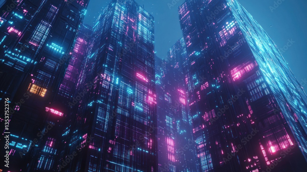 Cyberpunk cityscape featuring futuristic skyscrapers with vibrant neon illuminations