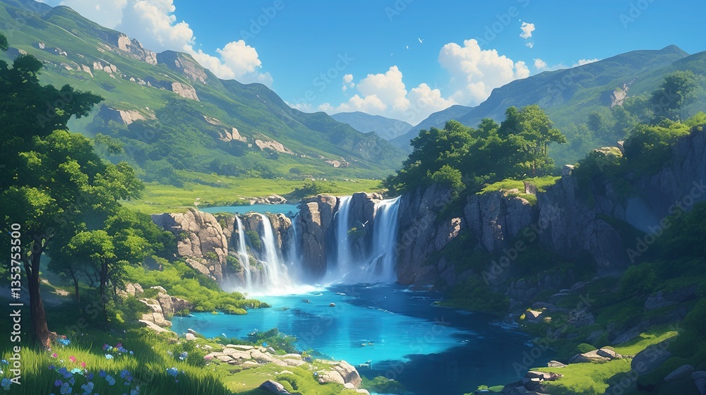 Fototapeta premium Spectacular and beautiful waterfalls close up, showcasing the natural beauty of cascading water, lush greenery, and rocky landscapes. 