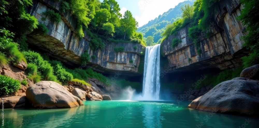 Naklejka premium Towering limestone crags, clear waterfall plunges down , vertical, mountain, rugged