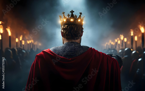 A regal figure stands proud with a crown, surrounded by a flickering torchlight, embodying leadership and historical grandeur. photo