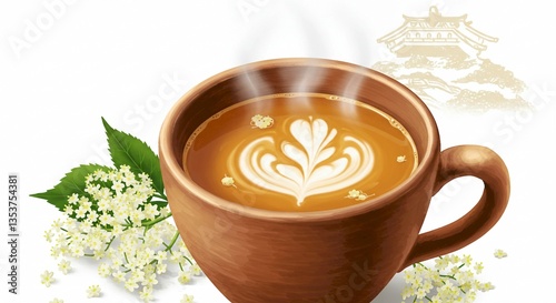 Steaming Elderflower Latte Art in Rustic Mug Asian Theme