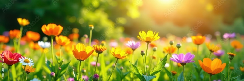 Fototapeta premium Vibrant wildflowers bloom in sun-drenched meadow, intense, flowers, wildflowers
