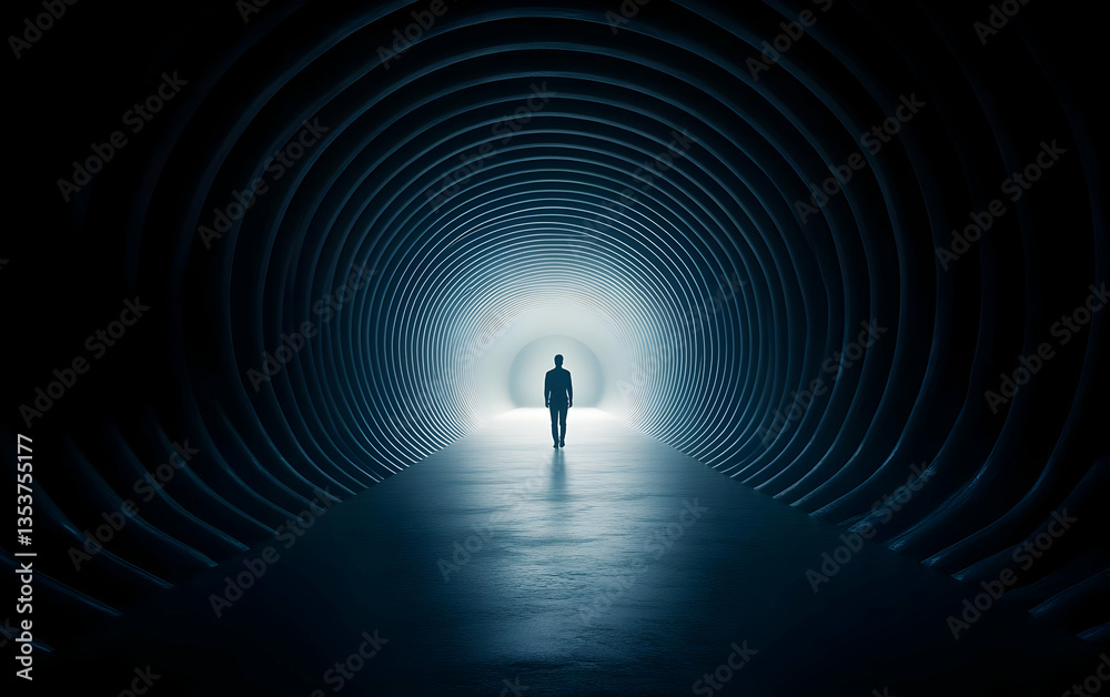 Obraz premium A solitary figure standing in a dark tunnel illuminated by a soft light, symbolizing hope and new beginnings.