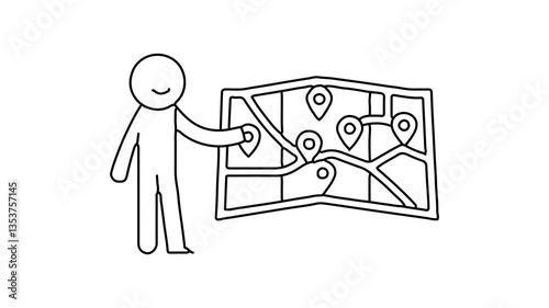  Stick figure stands holding a map, pointing at it with a focused expression Continuous line draw Full length single line animation