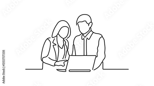 Two business colleagues, looking at laptop Continuous line draw Full length single line animation.