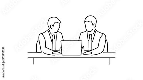 Two business professionals seated at a table, collaborating over a laptop during a meeting Continuous line draw Full length single line animation.