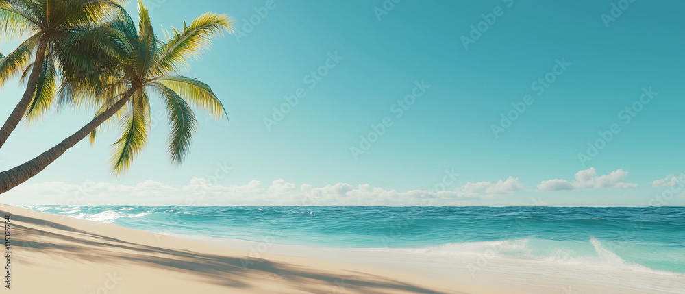 Fototapeta premium Serene Tropical Beach with Palm Trees and Ocean Waves – Perfect for Travel, Vacation, and Relaxation Concepts