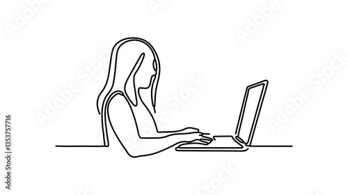 Woman typing on a laptop, her hand positioned on the keyboard, focused on her work Continuous line draw Full length single line animation.