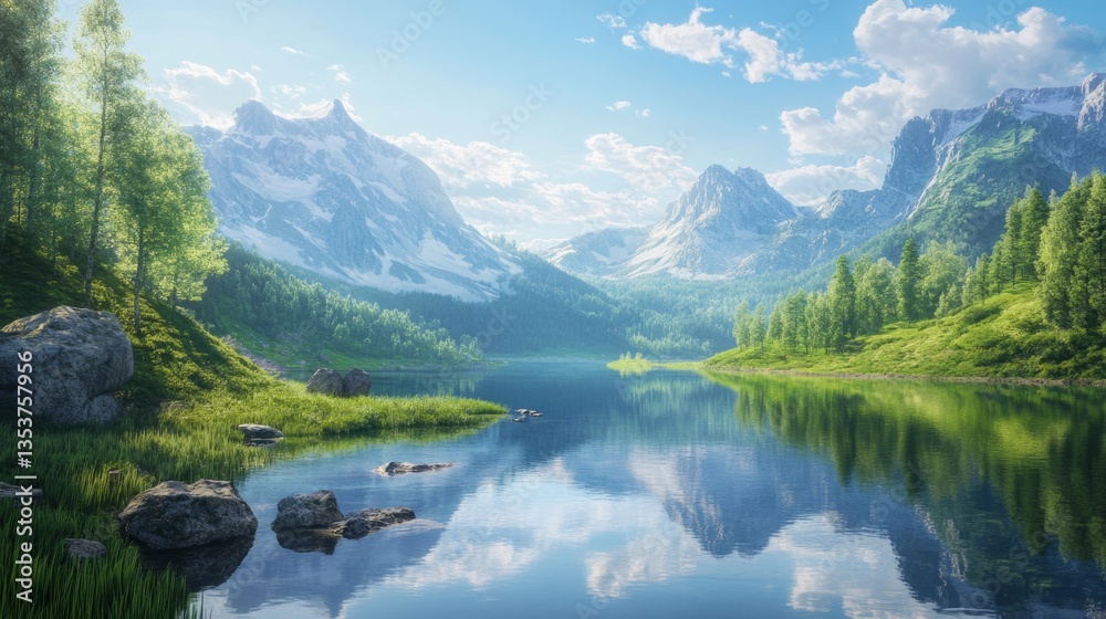 Serene Landscape with Snow-Capped Mountains and Calm Lake Reflection Serene Landscape with Snow-Capped Mountains and Calm Lake Reflection
