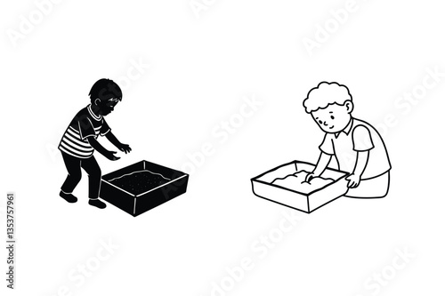Children Playing Sand, Sandbox, Illustration, Simple, Black, White, Line Art, Kid, Activity, Fun