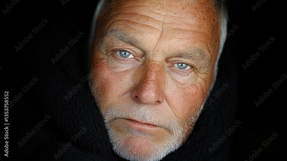 Close-up portrait of a mature man with a serious expression, light-gray hair, and a short, light-brown beard. He's looking directly at the camera with light blue eyes. Dark background Close-up portrait of a mature man with a serious expression, light-gray hair, and a short, light-brown beard. He's looking directly at the camera with light blue eyes. Dark background
