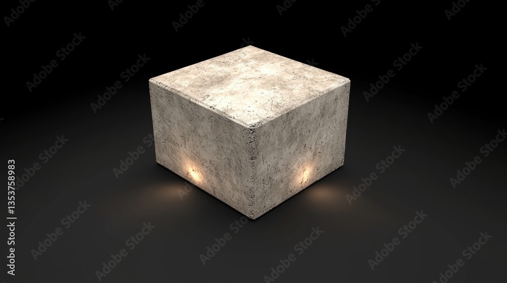 A cube with a textured surface and two glowing lights on each side. A cube with a textured surface and two glowing lights on each side.