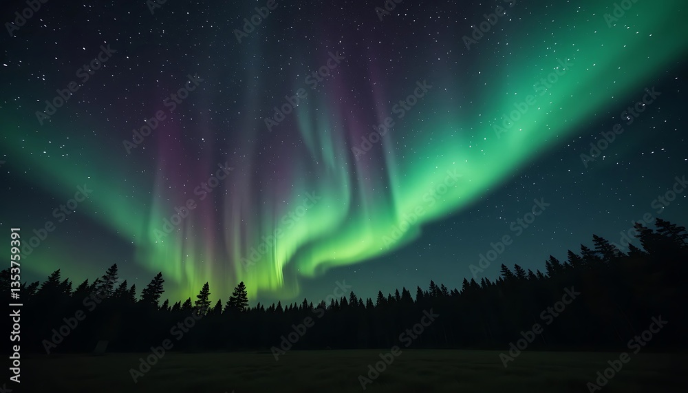 Aurora Borealis Display Over Forest Landscape During Night Time Aurora Borealis Display Over Forest Landscape During Night Time