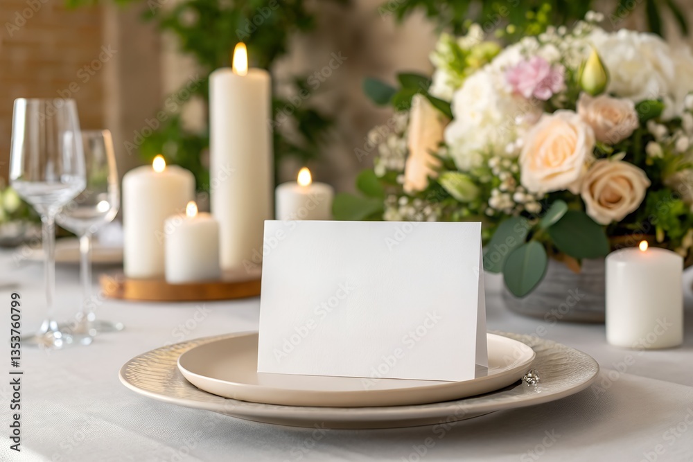 Obraz premium Wedding place card mockup on elegant wedding setting. Perfect for showcasing table name designs, calligraphy, or wedding branding.