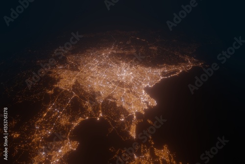 Fototapeta Naklejka Na Ścianę i Meble -  Aerial view on Athens (Greece) from west. Top view on modern city at night from space