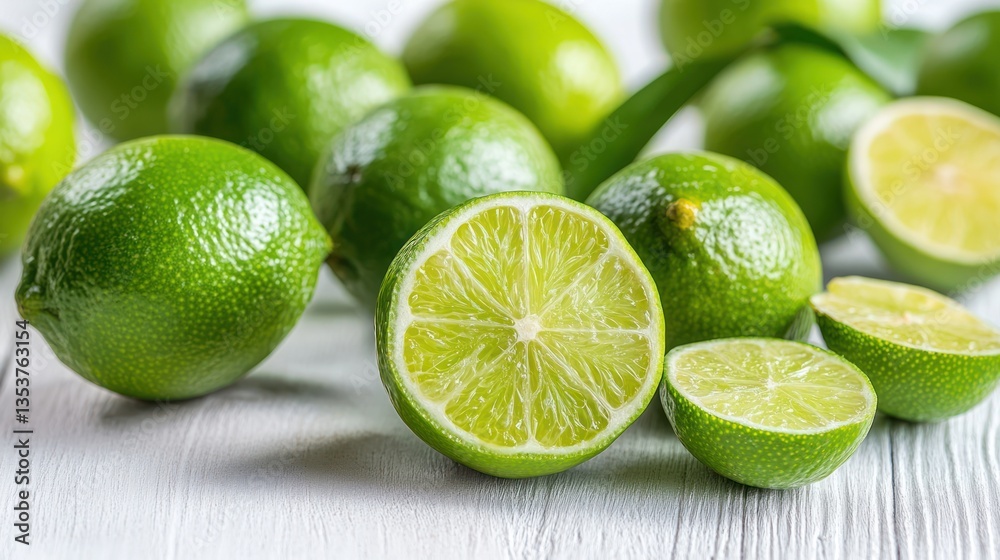 Fresh limes on white wooden table, close-up Fresh limes on white wooden table, close-up