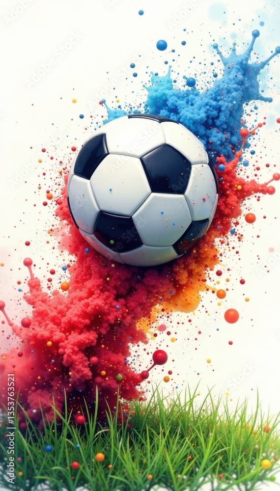 Fototapeta premium A soccer ball bursts forth with watercolor splashes as it soars through the air after a swift kick , fluid motion, movement in mid-air