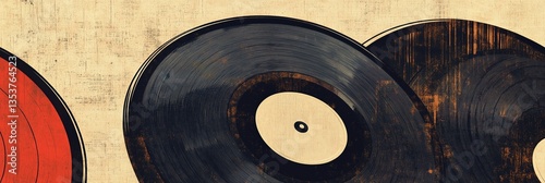 Vintage record fair banner featuring colorful retro vinyl records at a lively event