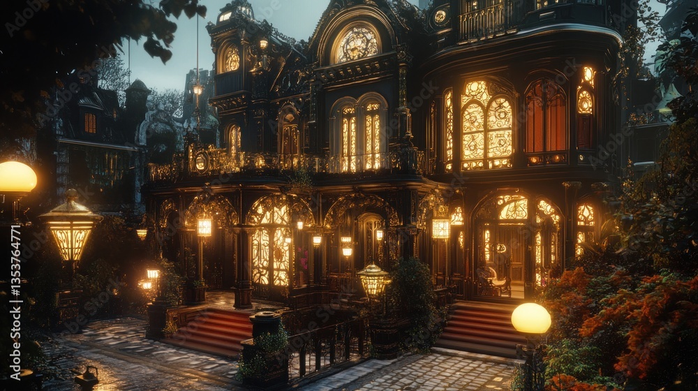 Fototapeta premium An opulent Victorian manor house with elaborate architectural features glows at night