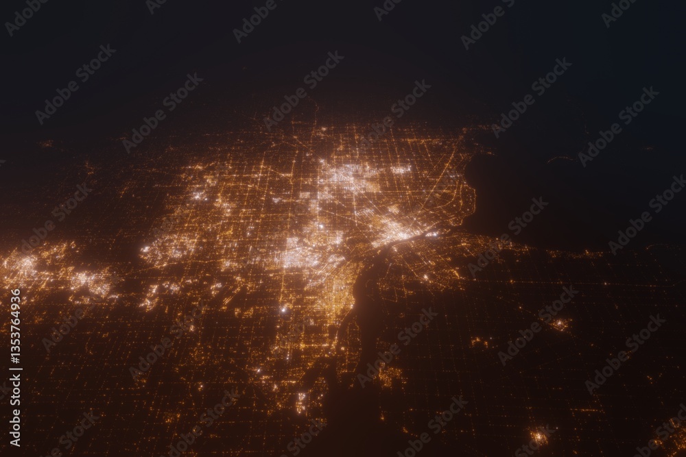 Aerial view on Detroit (USA) from south. Top view on modern city at night from satellite