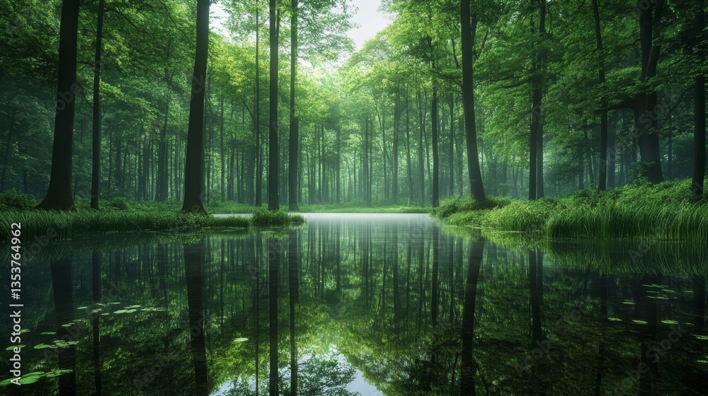 Serene Forest Reflection Over Calm Water in Lush Green Nature