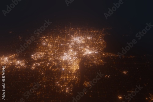 Obraz na płótnie Aerial view on Detroit (USA) from south. Top view on modern city at night from satellite w salonie
