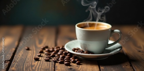 A steaming hot cup of espresso sitting on a weathered wooden table with scattered coffee beans around it, hot, warm