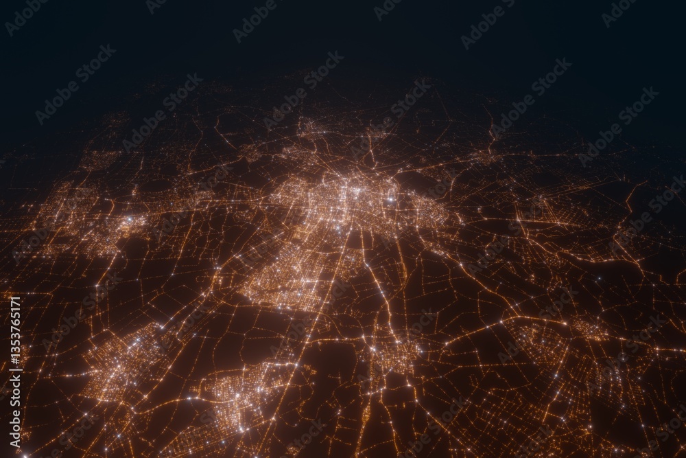 Aerial view on Tilburg (Netherlands) from west. Top view on modern city at night from satellite