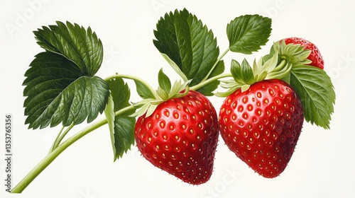 Classic botanical drawing of ripe strawberries with detailed leaves and realistic shading, evoking an antique book illustration.