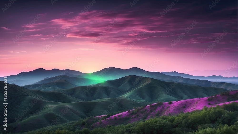 Obraz premium A vibrant, digitally-created landscape of gently rolling hills is illuminated by countless small orange lights