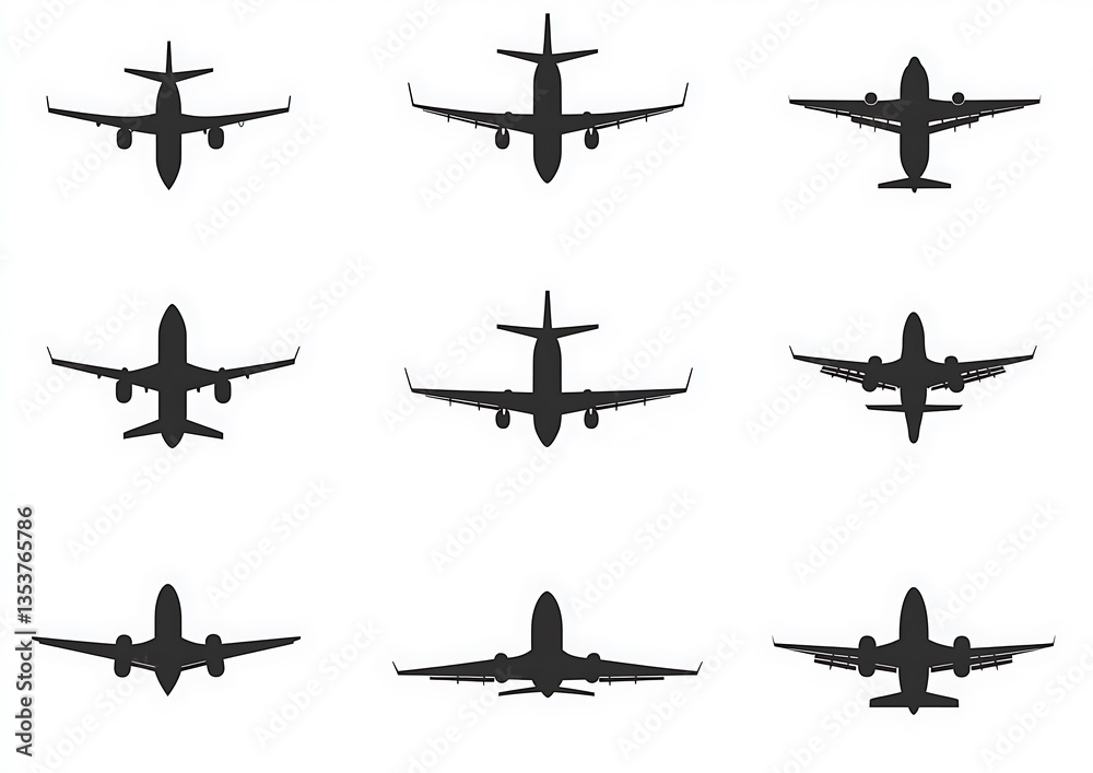 Nine overhead views of different aircraft silhouettes displayed on white Nine overhead views of different aircraft silhouettes displayed on white