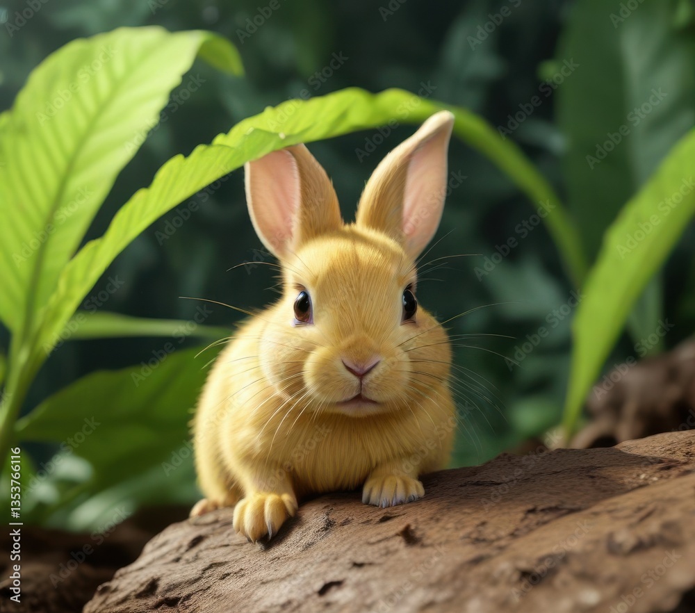 Fototapeta premium A tiny yellow rabbit peeking out from behind a leaf, shy, playful