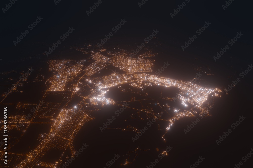 Aerial view on Abu Dhabi (UAE) from north. Top view on modern city at night from satellite