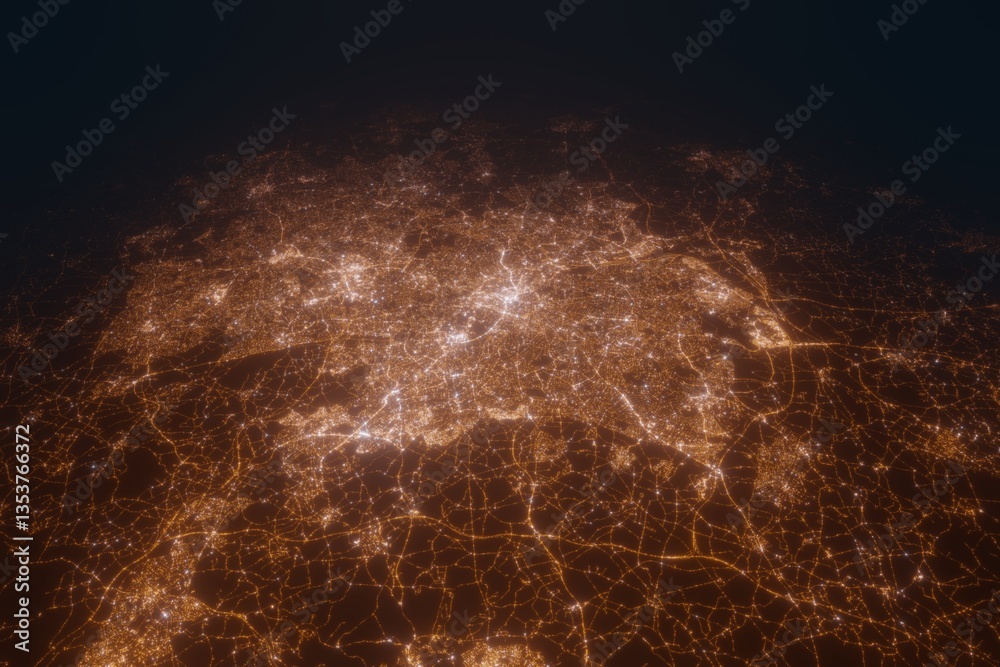 Aerial view on Birmingham (United Kingdom) from south. Top view on modern city at night from space