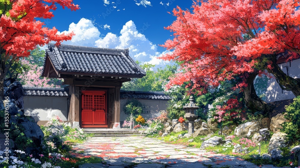 Tranquil autumn scene traditional japanese garden digital art serene environment wide angle nature beauty Tranquil autumn scene traditional japanese garden digital art serene environment wide angle nature beauty