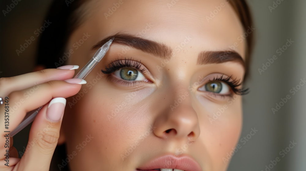 Editorial Beauty Shot of Flawless Brow Sculpting with Clear Gel Application Editorial Beauty Shot of Flawless Brow Sculpting with Clear Gel Application