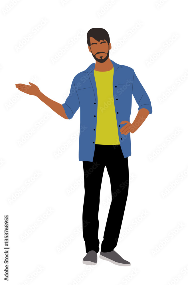 Business man pointing to the side. Handsome bearded guy wearing smart casual office outfit standing an presenting some goods. Vector realistic illustration isolated on white background. Business man pointing to the side. Handsome bearded guy wearing smart casual office outfit standing an presenting some goods. Vector realistic illustration isolated on white background.