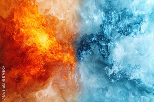 Abstract depiction of fire and ice colliding in a dramatic and violent display of beauty