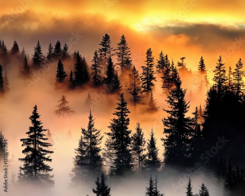 stunning landscape golden smoky sky concept Misty forest at sunset with vibrant orange hues illuminating the trees.