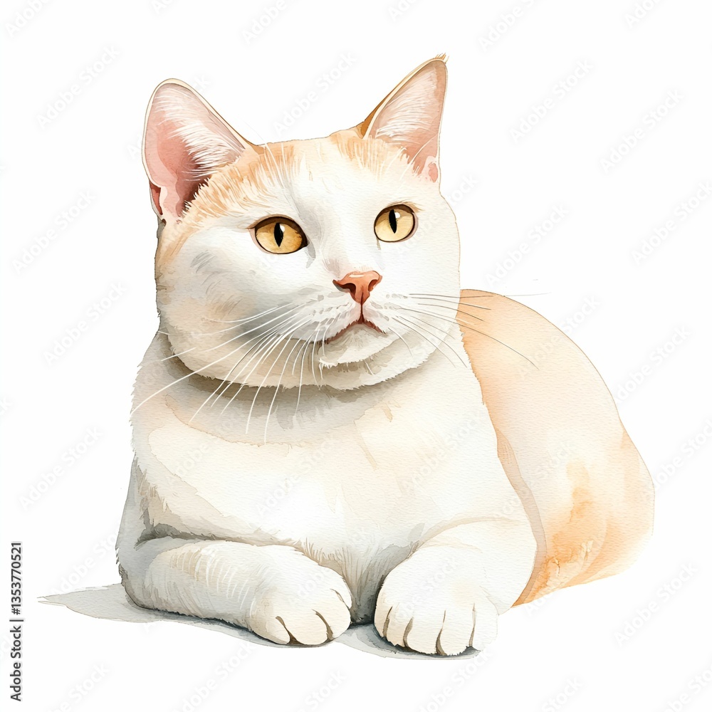 Fototapeta premium Cute white cat watercolor concept. A serene cat illustration with expressive eyes and soft colors.